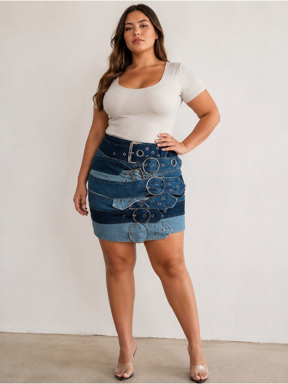 Dream Architect patchwork denim oversized buckle ring grommet belt mini skirt L